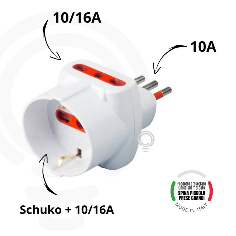 Power Strip White Schuko Bivalent Adapter with Small 10A Plug and 2 Bivalent 10/16A Sockets