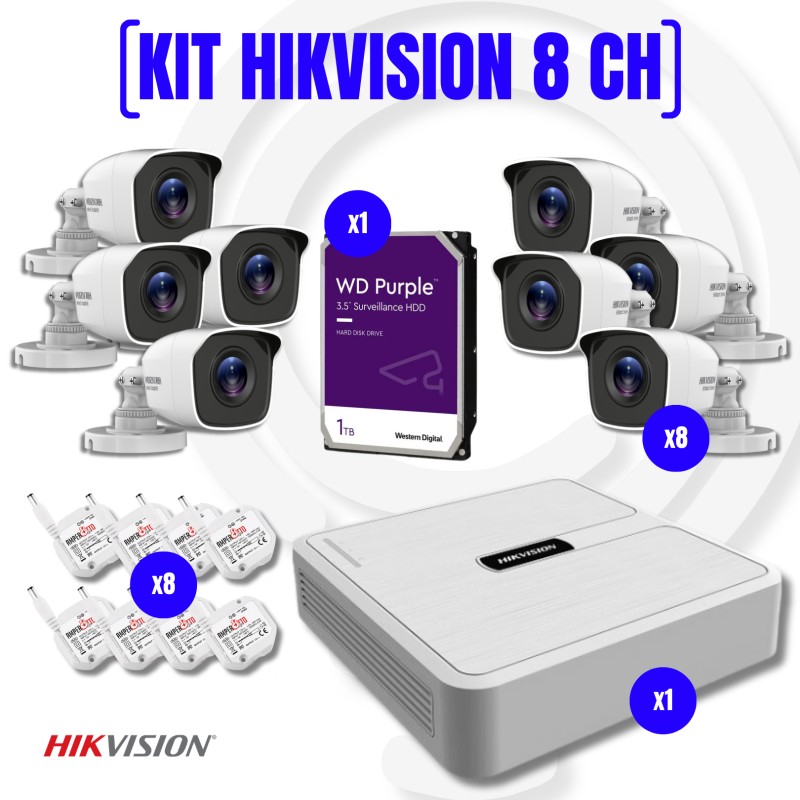 Kit videosorveglianza a 8 canali 8 telecamere bullet 2 mpx 1 dvr turbo hd hi watches series 8 alimen