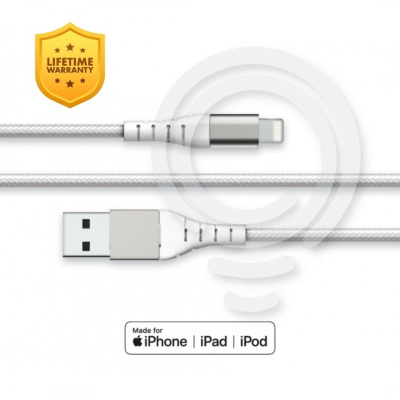 Robustes USB-A/Lightning-Kabel, 2 m, 2,4 A, Weiß, lebenslange Force Power Lite-Garantie